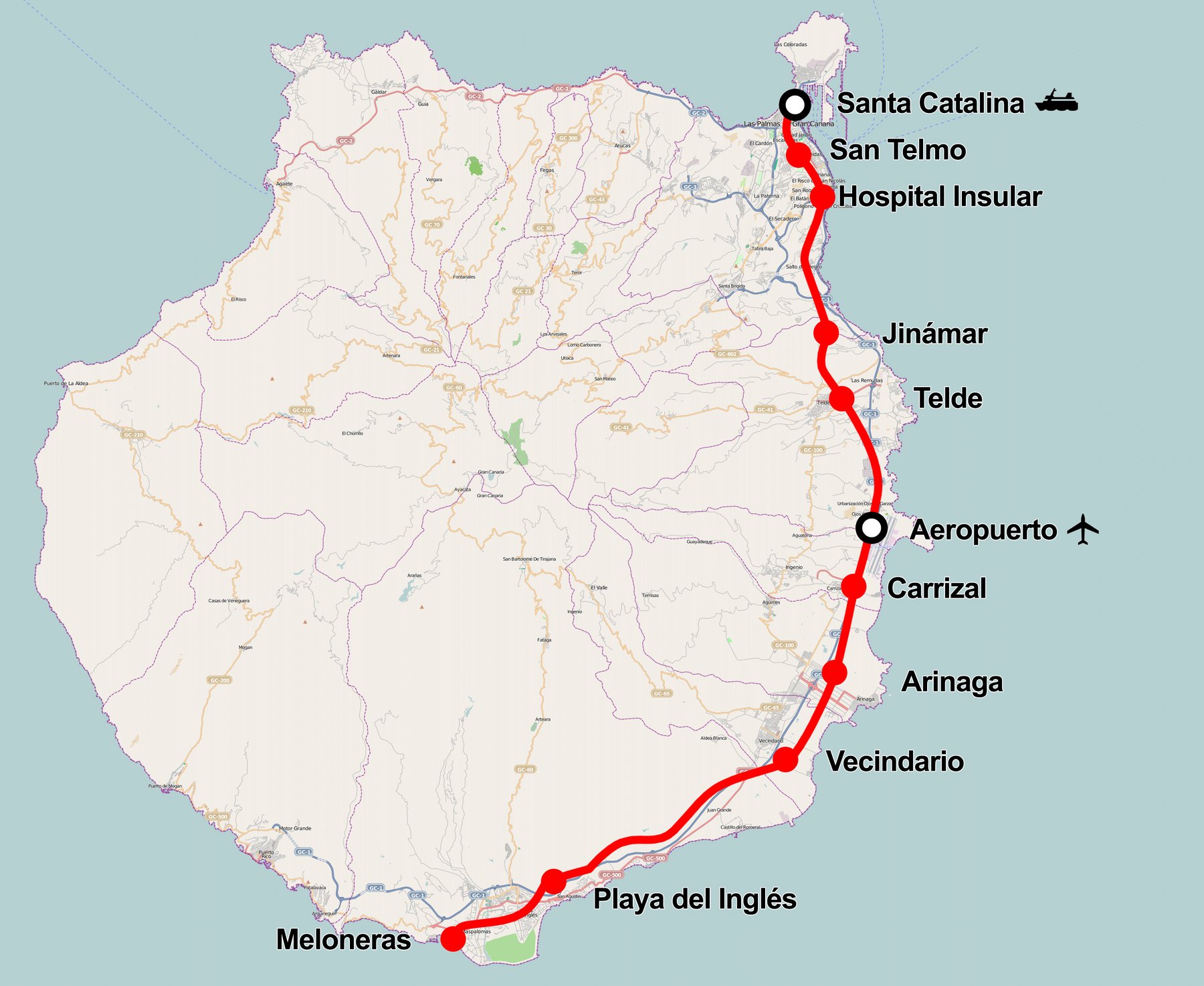 Mapa del trazado del tren de Gran Canaria entre Santa Catalina y Meloneras
